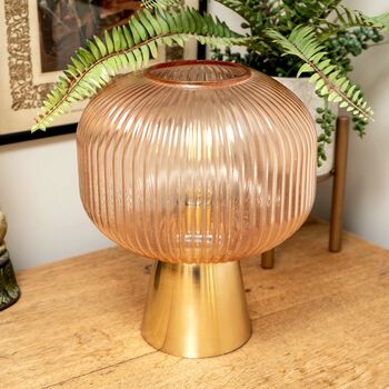 Elegant Battery Powered Amber Ridged Glass Table Lamp With Brass Base, 3 of 5
