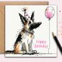 German Shepherd Dog Birthday Card. Party Hat And Balloon, thumbnail 2 of 2