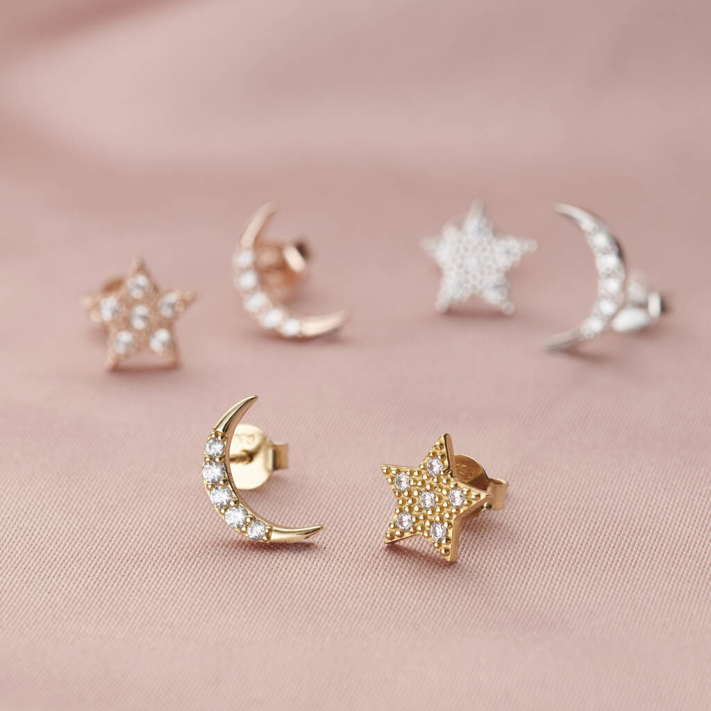 Moon And Star Stud Earrings With Cubic Zirconia By Posh Totty Designs