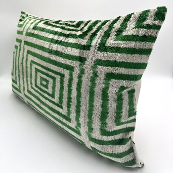 Oblong Velvet Ikat Cushion Green Maze, 6 of 8