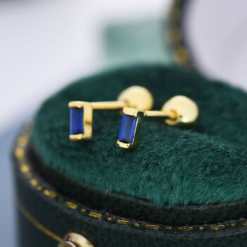 Sterling Silver Extra Tiny Sapphire Blue Baguette Cz Screw Back Earrings, 8 of 12