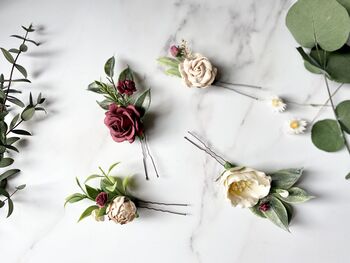 Burgundy, Champagne And White Floral Hair Pins, 3 of 3