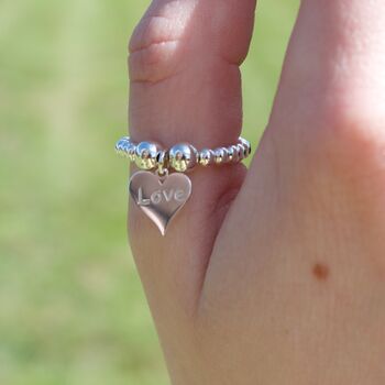 Sterling Silver Ball Bead Ring With Love Heart Charm, 5 of 12