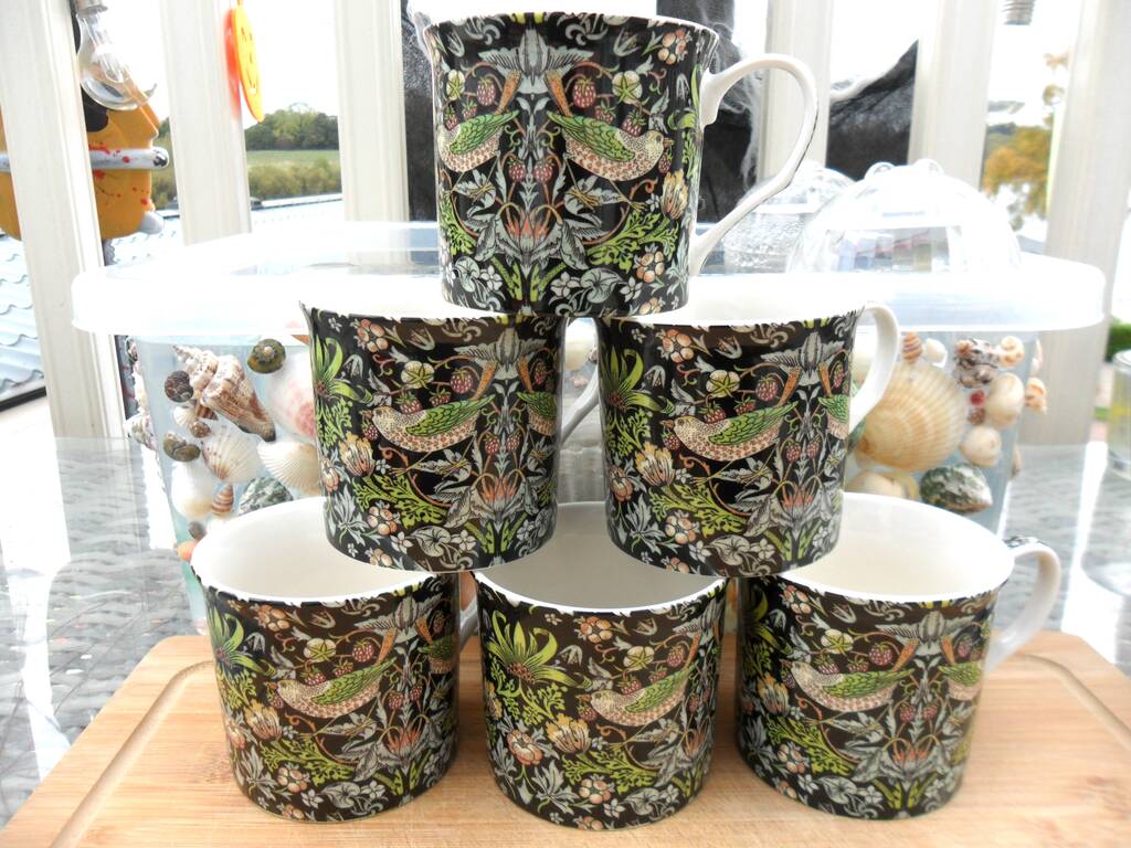 Set Of Six Palace Mugs In William Morris Black Strawberry Thief Design, 1 of 10