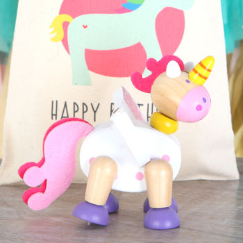 Wooden Unicorn Flexible Toy And Personalised Cotton Bag, 4 of 5