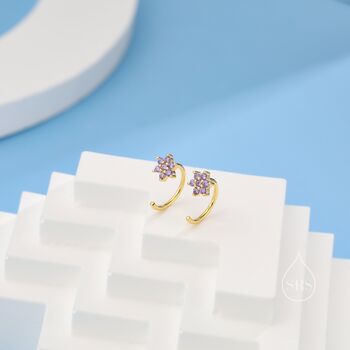 Sterling Silver Amethyst Purple Flower Huggie Hoop Earrings, 2 of 12