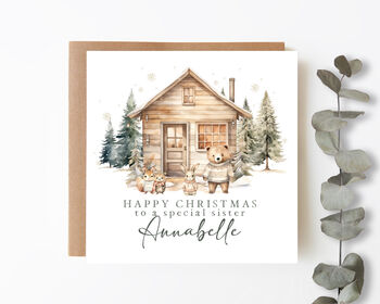 Personalised Christmas Woodland Cabin Scene Card, 4 of 4