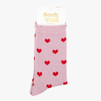 Women's Glitter Socks Pink Red Love Hearts, 4 of 4