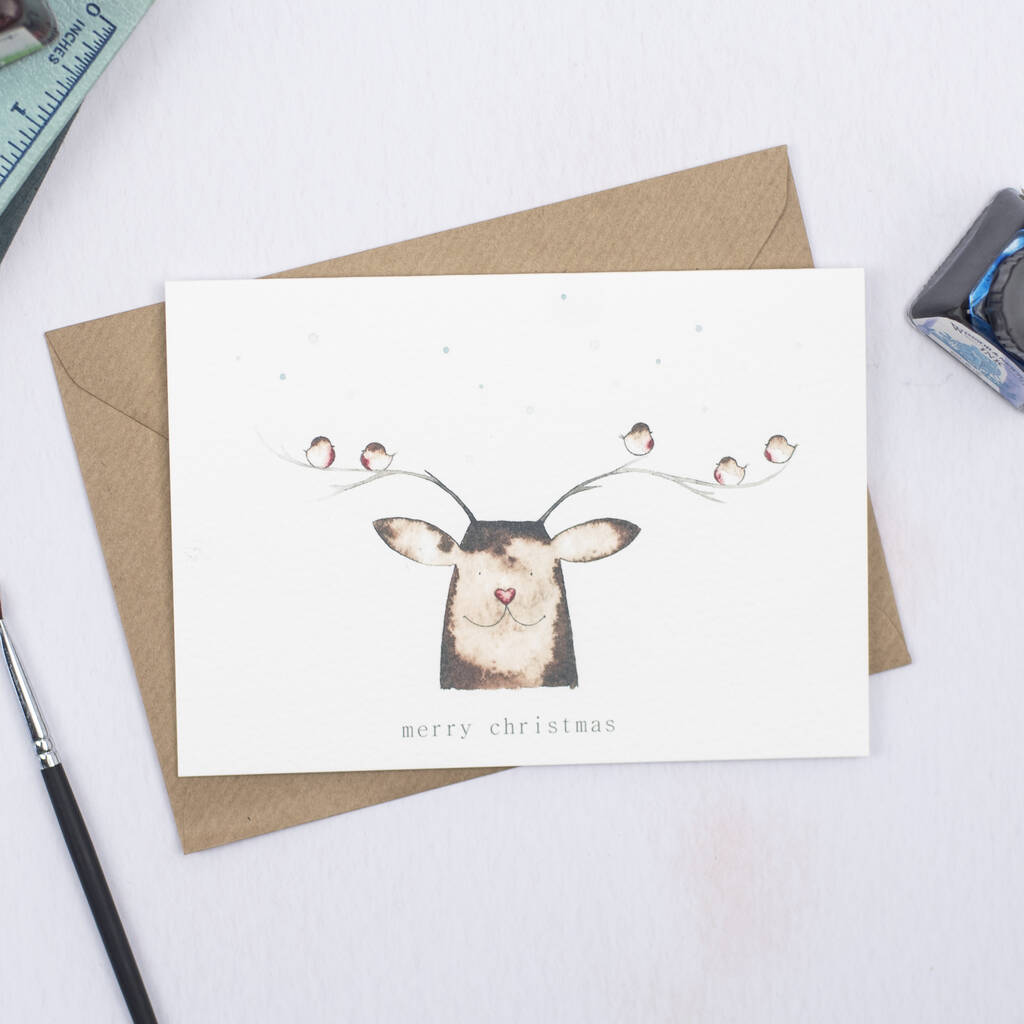 Reindeer And Robins Christmas Card By Emma Benz Art