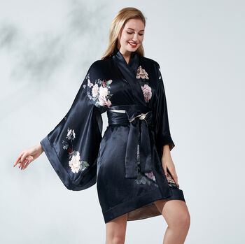 Silk Kimono Dressing Gown Fleur Japonaise Midnight Blue, 5 of 10