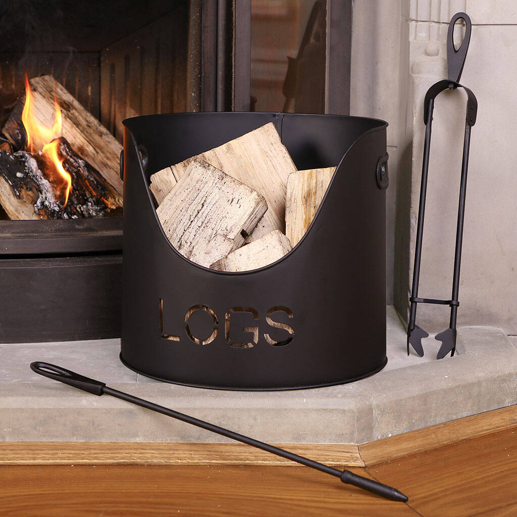 Black Iron Log Bucket With Poker And Tongs, 1 of 7
