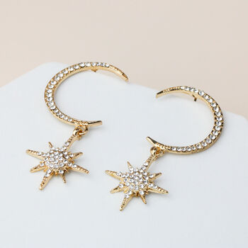 Sparkly Crescent Moon And Star Drop Earrings, 2 of 6