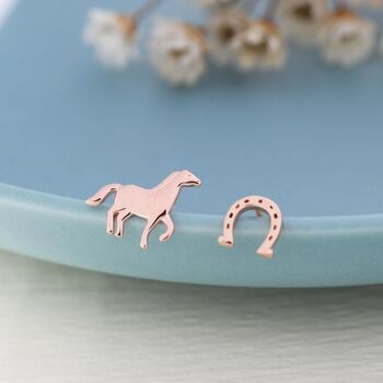 Sterling Silver Mismatched Running Horse And Horseshoe Stud Earrings, 3 of 12