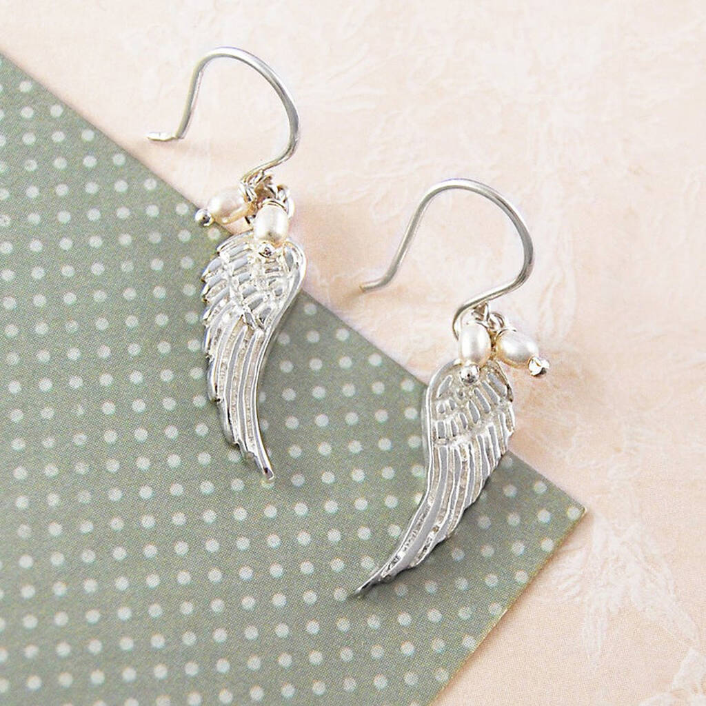 Angel Wing Sterling Silver Drop Earrings With Pearls, 1 of 7