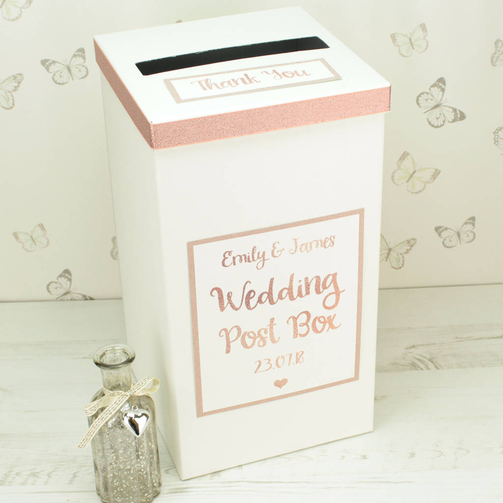 personalised rose gold wedding post box by dreams to