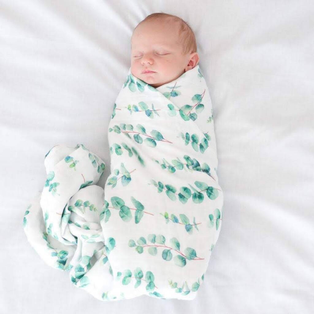 Muslin Swaddle Baby Blanket Eucalyptus Newborn Gift, 1 of 5
