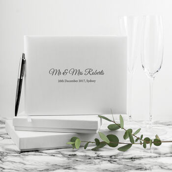 Engraved White Leather Wedding Guest Book, 5 of 12