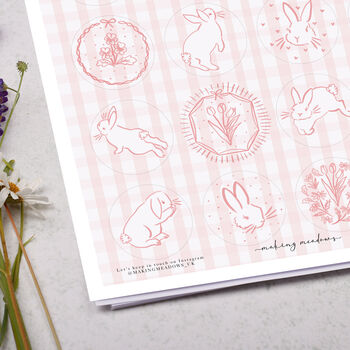 Pink Gingham Floral Rabbit Circle Sticker Sheet, 2 of 2