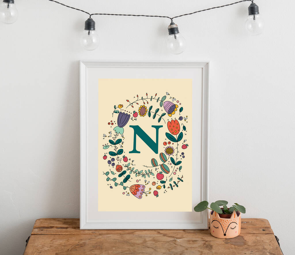 Personalised Floral Initial Print For Child's Bedroom, 1 of 3