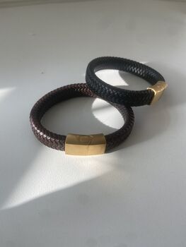 Mens Vegan Leather Woven Black And Gold Bracelet, 4 of 4