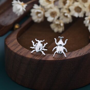 Sterling Silver Tiny Mismatched Little Stag Beetle Stud Earrings, 4 of 12