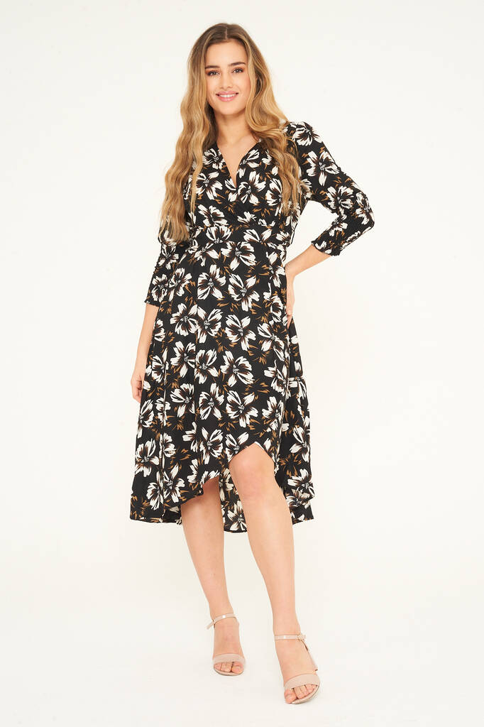 Floral Wrap V Neck Dress In Black By Gatsbylady London