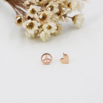 Tiny Mismatched Peace And Love Stud Earrings In Sterling Silver, 4 of 12