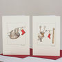 Four Christmas Stocking Cards With Sloth And Reindeer, thumbnail 1 of 3