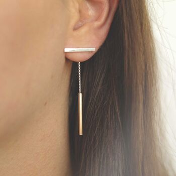 Sterling Silver Rose Gold Plated T Bar Dangly Earrings, 2 of 5