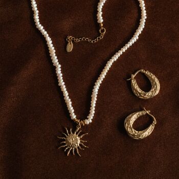 Freshwater Pearl Choker With Hammered Sun Pendant, 5 of 7