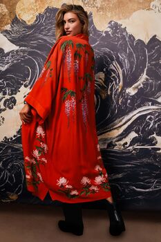 Wisteria And Chrysanthemum Terracotta Embroidered Long Kimono, 3 of 12