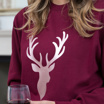 Christmas Jumper With Rose Gold Reindeer Stag In Plum, 2 of 4