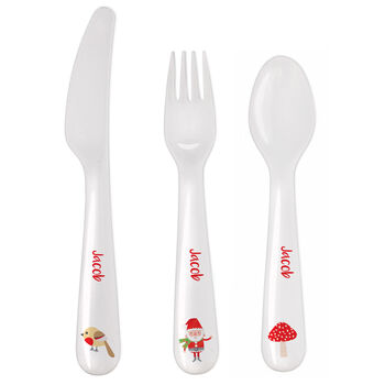 Personalised Christmas Toadstool Santa Three Piece Cutlery Set, 2 of 3