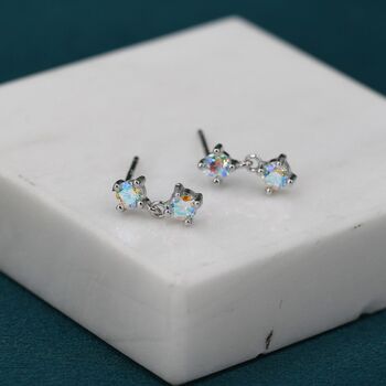 Sterling Silver Tiny Double Aurora Ab Cz Dangle Stud Earrings, 4 of 12