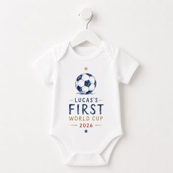Personalised First World Cup Babygrow / Baby Bodysuit Football, 2 of 4