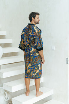 Men's Batik Kimono Robe In Royal Blue, 3 of 6