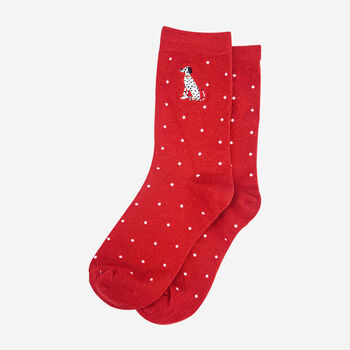 Polka Dot Embroidered Dalmatian Dogs Ankle Socks Women's Red, 4 of 4