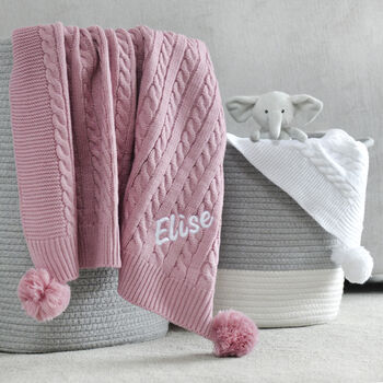 Personalised Cable Knit Pom Pom Blanket Dusty Pink, 2 of 10