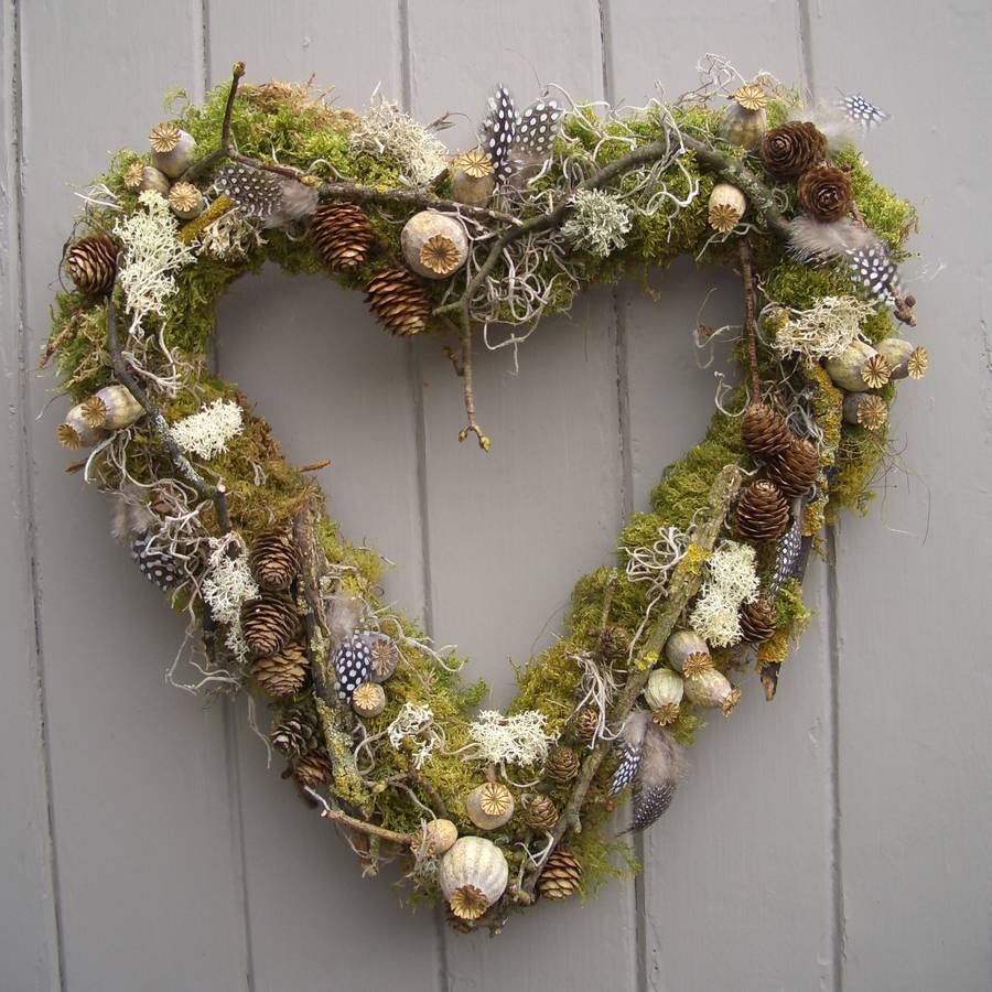 Poppy, Cone And Lichen Twig Heart Wreath Wedding Decor