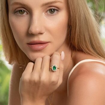 Emerald Halo Engagement Ring In Sterling Silver And Gold, 6 of 12