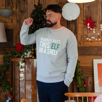 'Nobody Puts This Elf On A Shelf' Christmas Jumper, 2 of 5