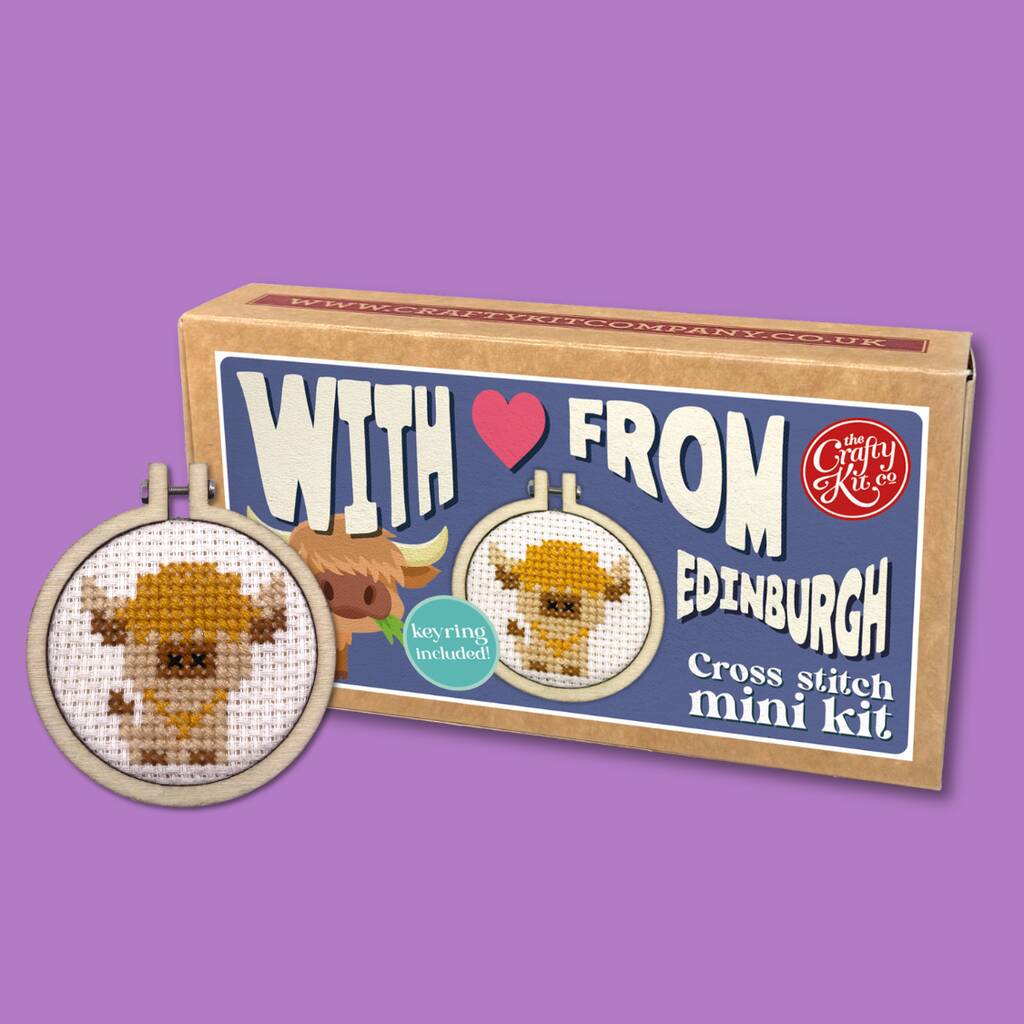 With Love From Edinburgh Highland Cow Mini Matchbox Cross Stitch Kit, 1 of 6