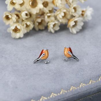 Sterling Silver Enamel Robin Bird Stud Earrings, Nature Inspired Earrings, 10 of 12