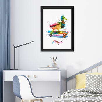Personalised Watercolour Duck Skateboarding Print, 7 of 12