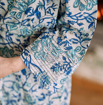 Turquoise And Royal Blue Floral Block Printed Robe, 5 of 10