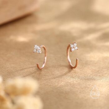 Cz Hydrangea Flower Huggie Hoop Earrings In Sterling Silver, 7 of 12