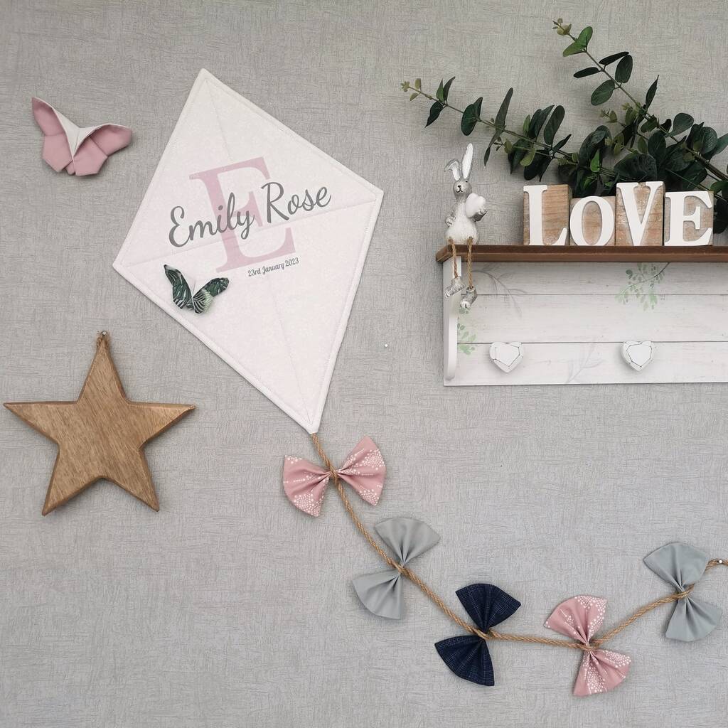 Personalised Baby Pink, Grey Nursery Wall Kite Decor By CreativeBlonde