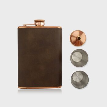 Faux Leather Engraved Wrapped Copper Hip Flask Set, 4 of 5