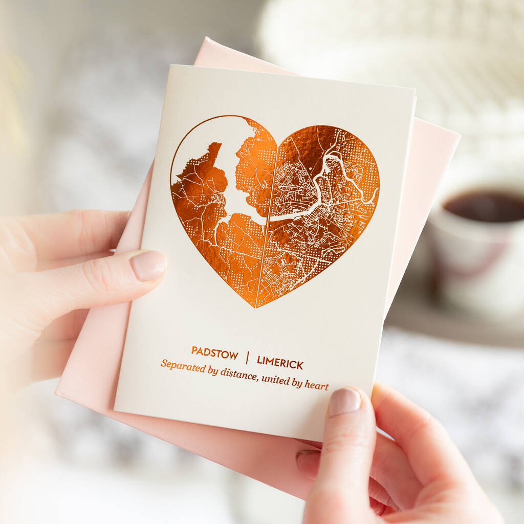 Metallic Foil Two Location Heart Map Greetings Card, 1 of 3