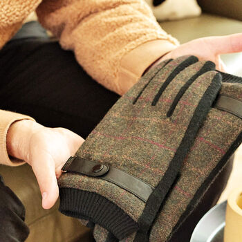 Personalised Men's Check Merino Wool Gloves With Straps, 5 of 12